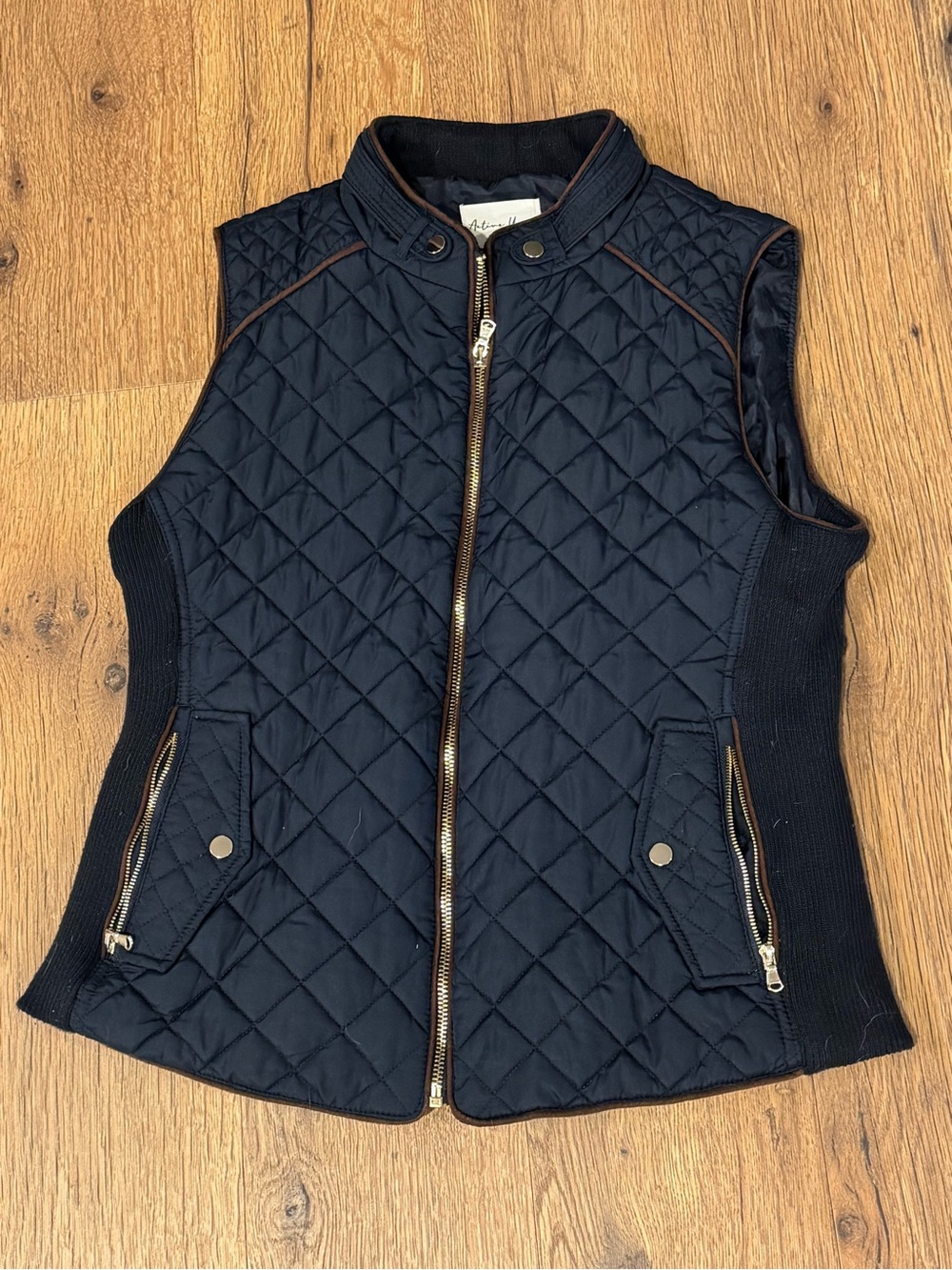 Active USA Quilted Navy Sleeveless Vest with Gold Trim